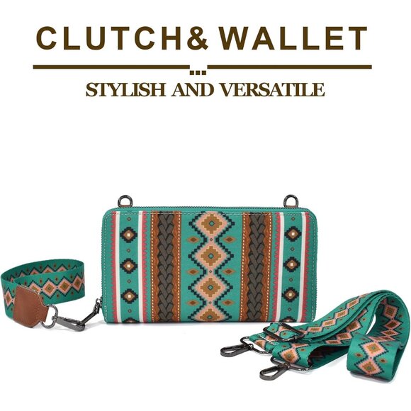 Water Blue Canvas Boho Western Wallet Wristlet with Detachable Straps, Credit Ca - Picture 2 of 6
